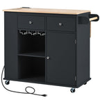 Kitchen Island with Power Outlet,Kitchen Storage Island with Drop Leaf and Rubber Wood,Open Storage and Wine Rack,5 Wheels,with Adjustable Storage for Home, Kitchen, and Dining Room, Black - Grand Goldman Shop