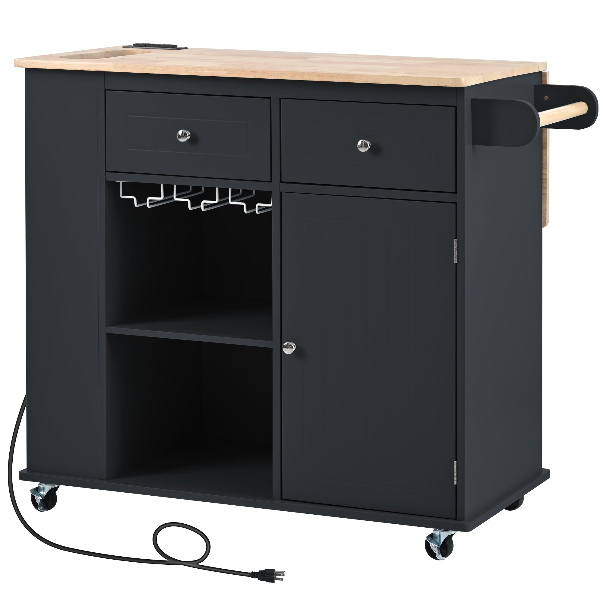 Kitchen Island with Power Outlet,Kitchen Storage Island with Drop Leaf and Rubber Wood,Open Storage and Wine Rack,5 Wheels,with Adjustable Storage for Home, Kitchen, and Dining Room, Black - Grand Goldman Shop