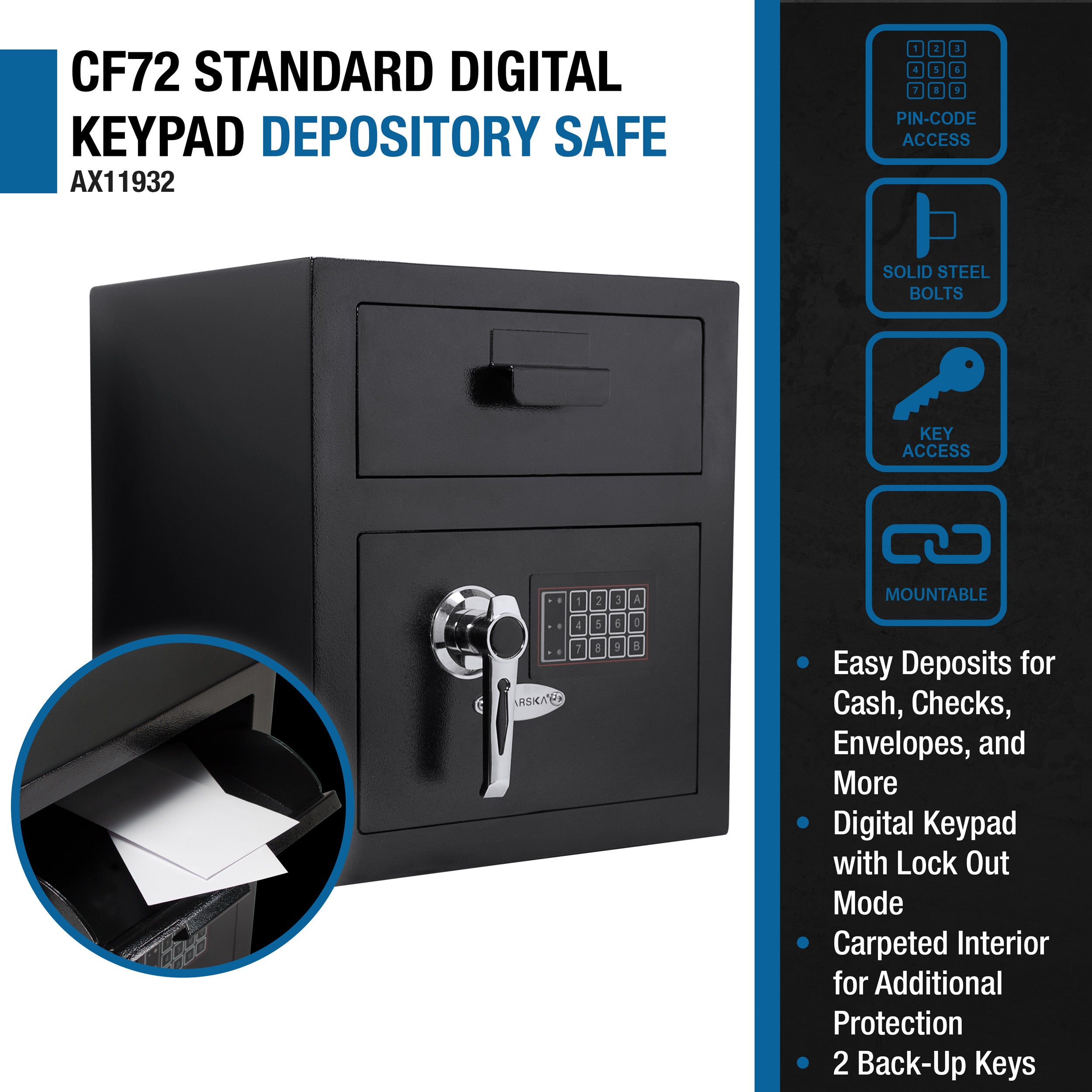 Black Steel Keypad Depository Safe with Dual PIN Codes and Anti-Fishing Baffles, 0.72 Cu Ft | Premium Home Decor - Grand Gold