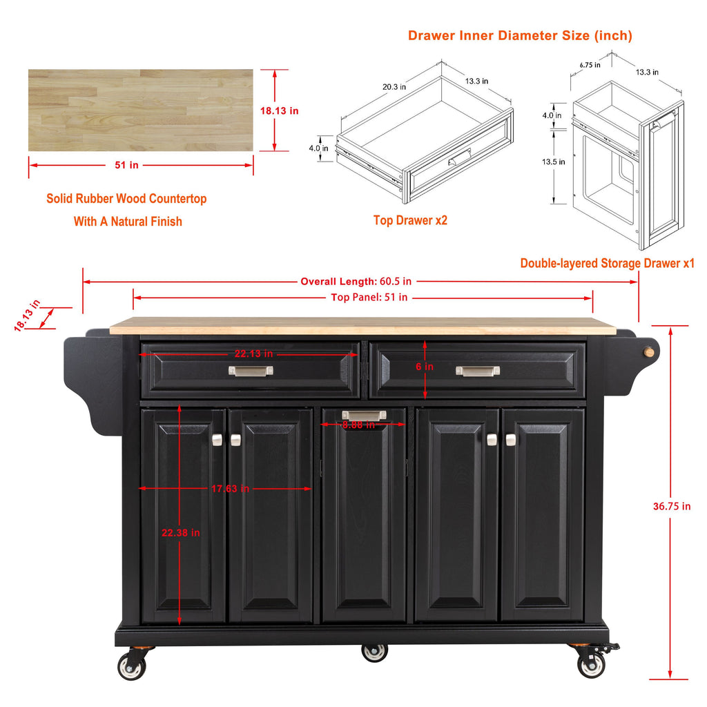 Kitchen Island with Rubber wood Countertop, Kitchen Cart on 5 Wheels with Storage Cabinet and 2 Top Drawers and A center double layered storage drawer for Dinning Room, Black - Grand Goldman Shop