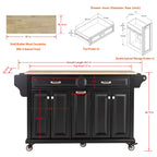 Kitchen Island with Rubber wood Countertop, Kitchen Cart on 5 Wheels with Storage Cabinet and 2 Top Drawers and A center double layered storage drawer for Dinning Room, Black - Grand Goldman Shop