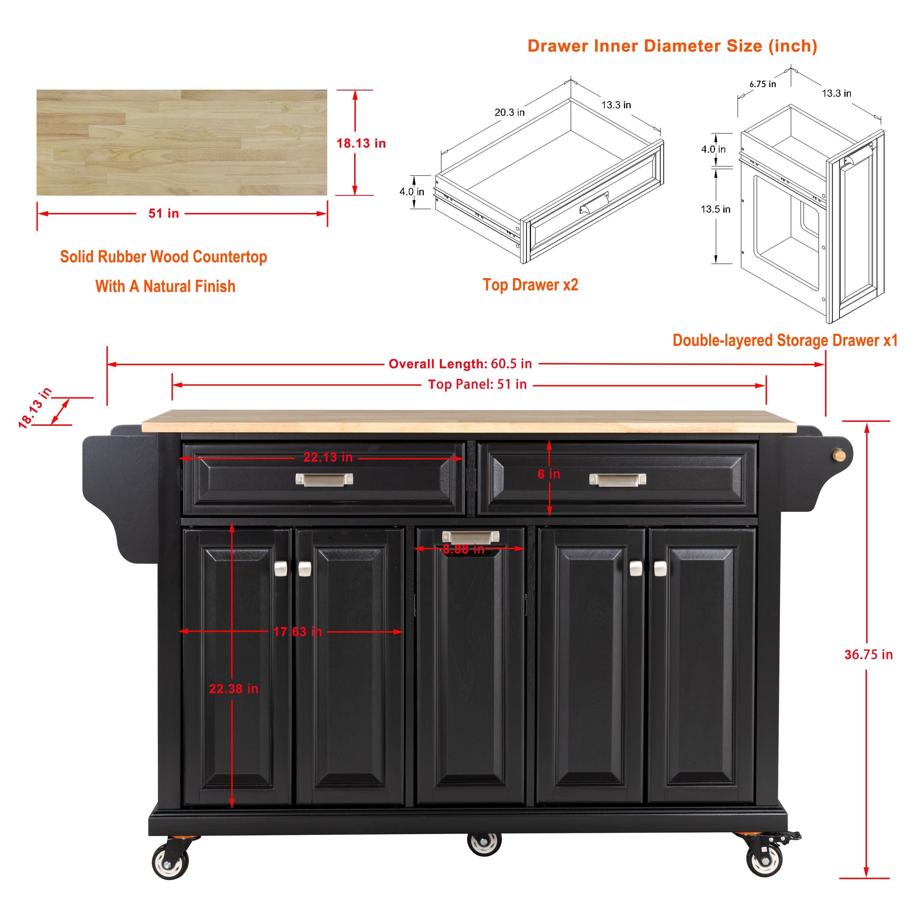 Kitchen Island with Rubber wood Countertop, Kitchen Cart on 5 Wheels with Storage Cabinet and 2 Top Drawers and A center double layered storage drawer for Dinning Room, Black - Grand Goldman Shop