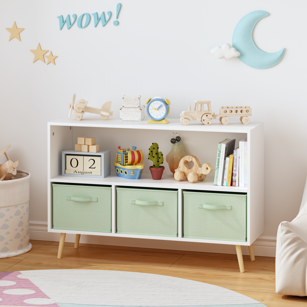 Kids bookcase with Collapsible Fabric Drawers, Children's Book Display, Toy Storage Cabinet Organizer, White/Green - Grand Go