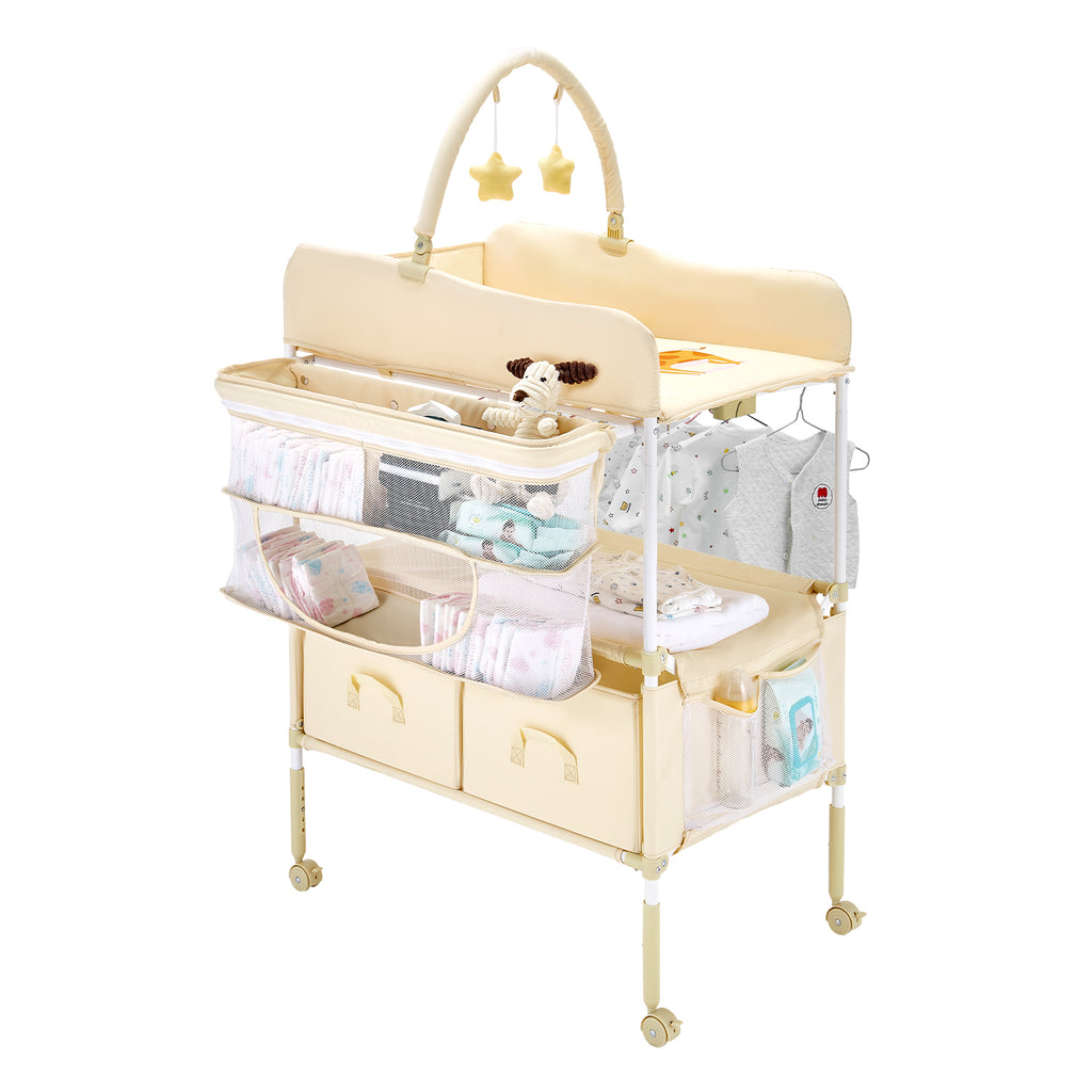 Baby Changing Table, Foldable Diaper Change Station with 2 Fabric Drawers, Side Basket & Hanging Rod, Adjustable Height Porta
