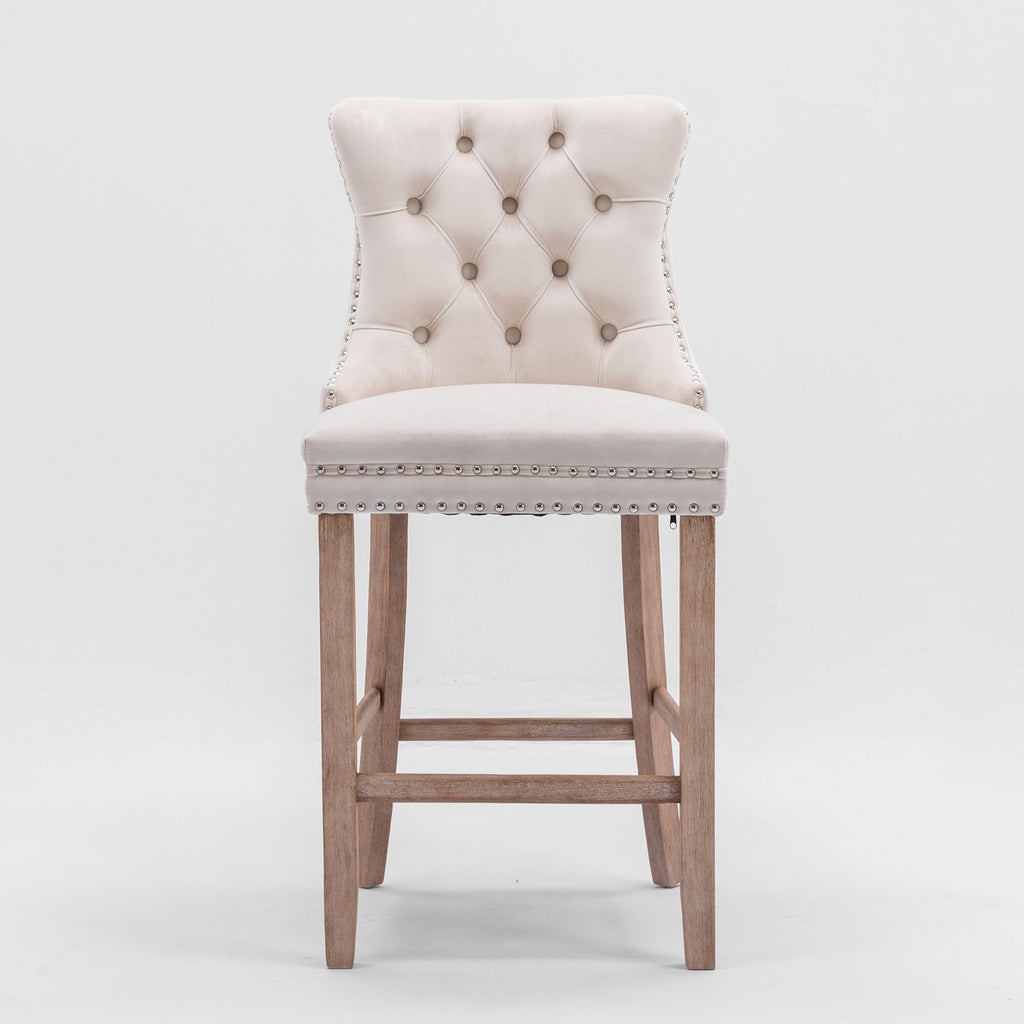 Contemporary Velvet Upholstered Barstools with Button Tufted Decoration and Wooden Legs, and Chrome Nailhead Trim, Leisure Style Bar Chairs,Bar stools, Set of 2 (Beige),SW2002BG - Grand Goldman Shop