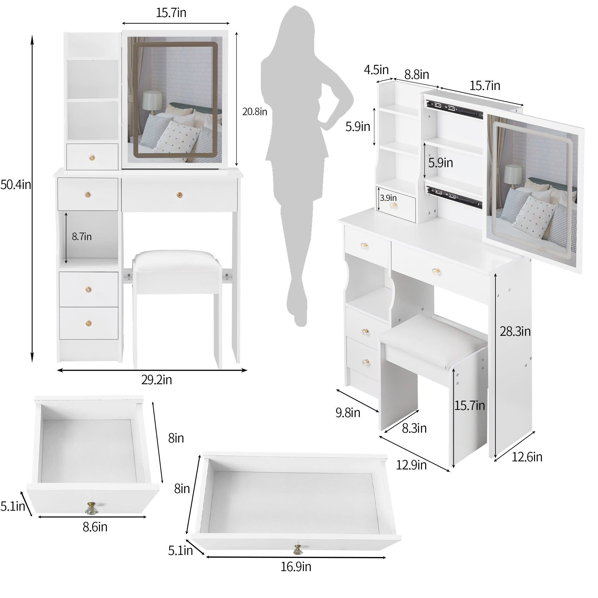 29.2' Small Size Left Drawer Desktop Vanity Table + Cushioned Stool, Large Sliding, Touch Control, Tri-color Switching, Brightness Adjust LED Mirror, High Capacity Storage, Suitable for Small Space - Grand Goldman Shop