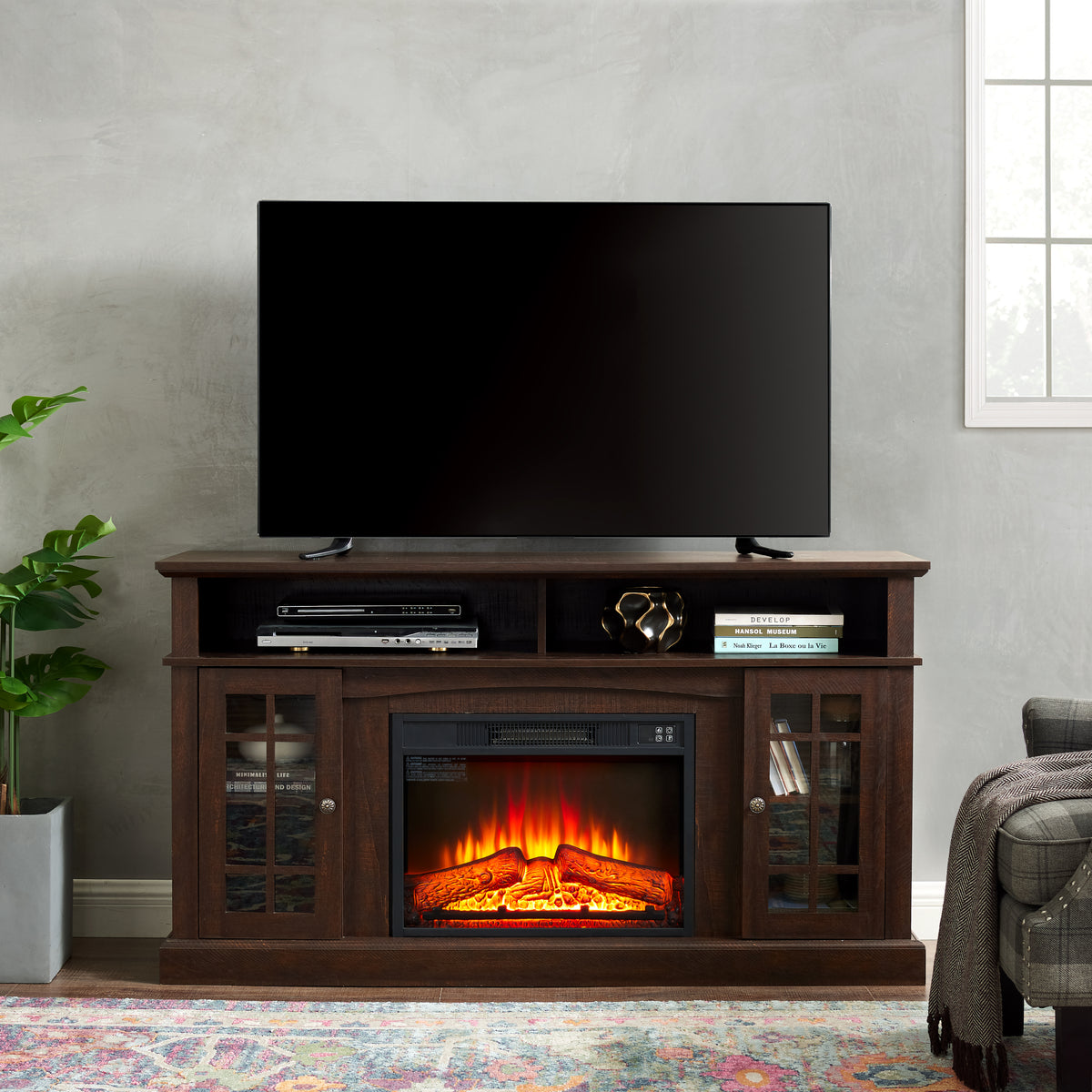 Classic TV Media Stand Modern Entertainment Console with 23' Fireplace Insert for TV Up to 65' with Open and Closed Storage Space, Espresso, 58.25'W*15.75'D*32'H - Grand Goldman Shop