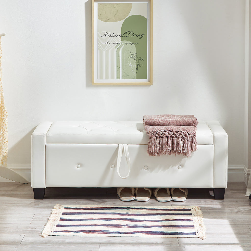 48' Ottoman Bench with Storage, Bench for Bedroom,Living Room,Hallway, Upholstered Tufted Faux Leather PU Ottoman Ivory White - Grand Goldman Shop