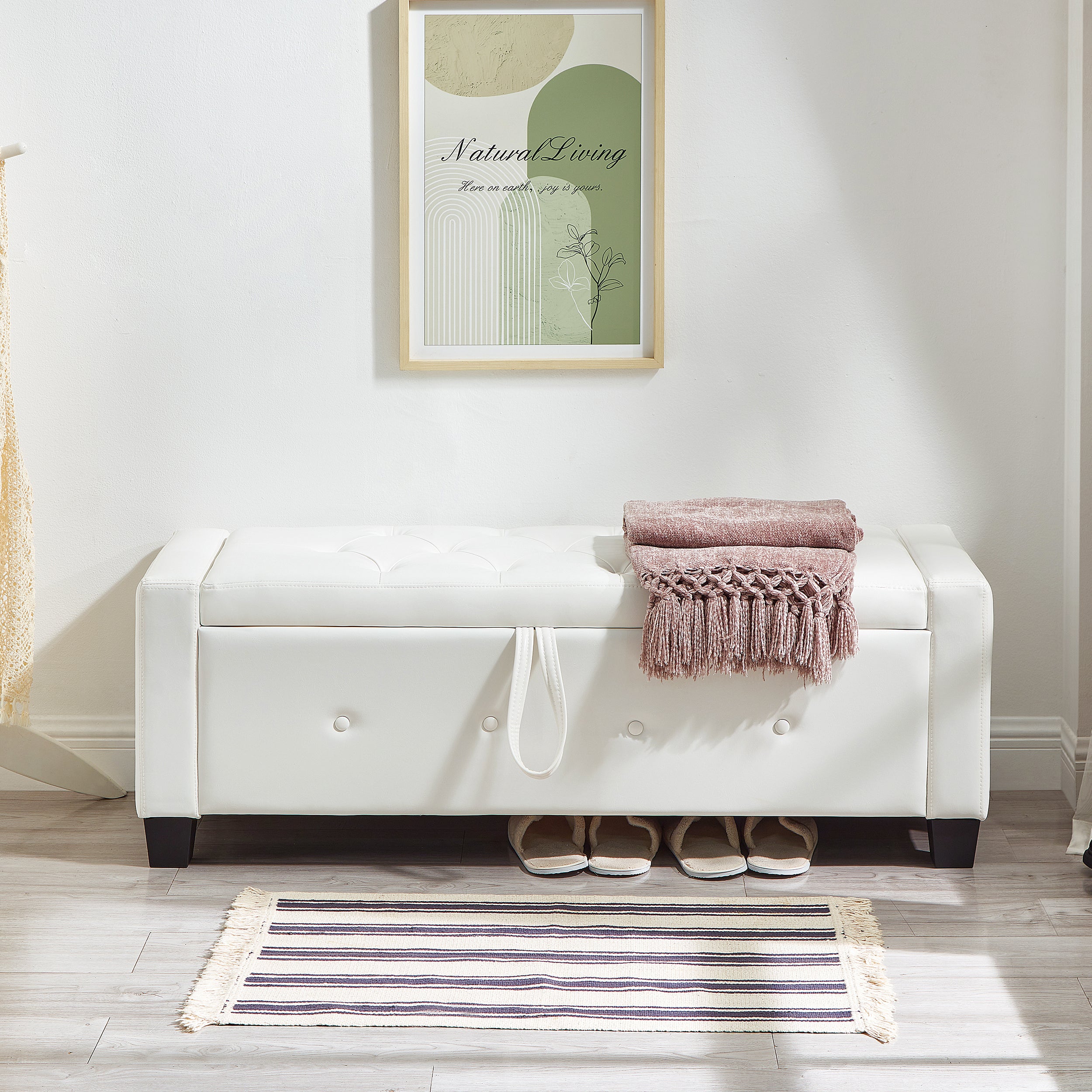 48' Ottoman Bench with Storage, Bench for Bedroom,Living Room,Hallway, Upholstered Tufted Faux Leather PU Ottoman Ivory White - Grand Goldman Shop