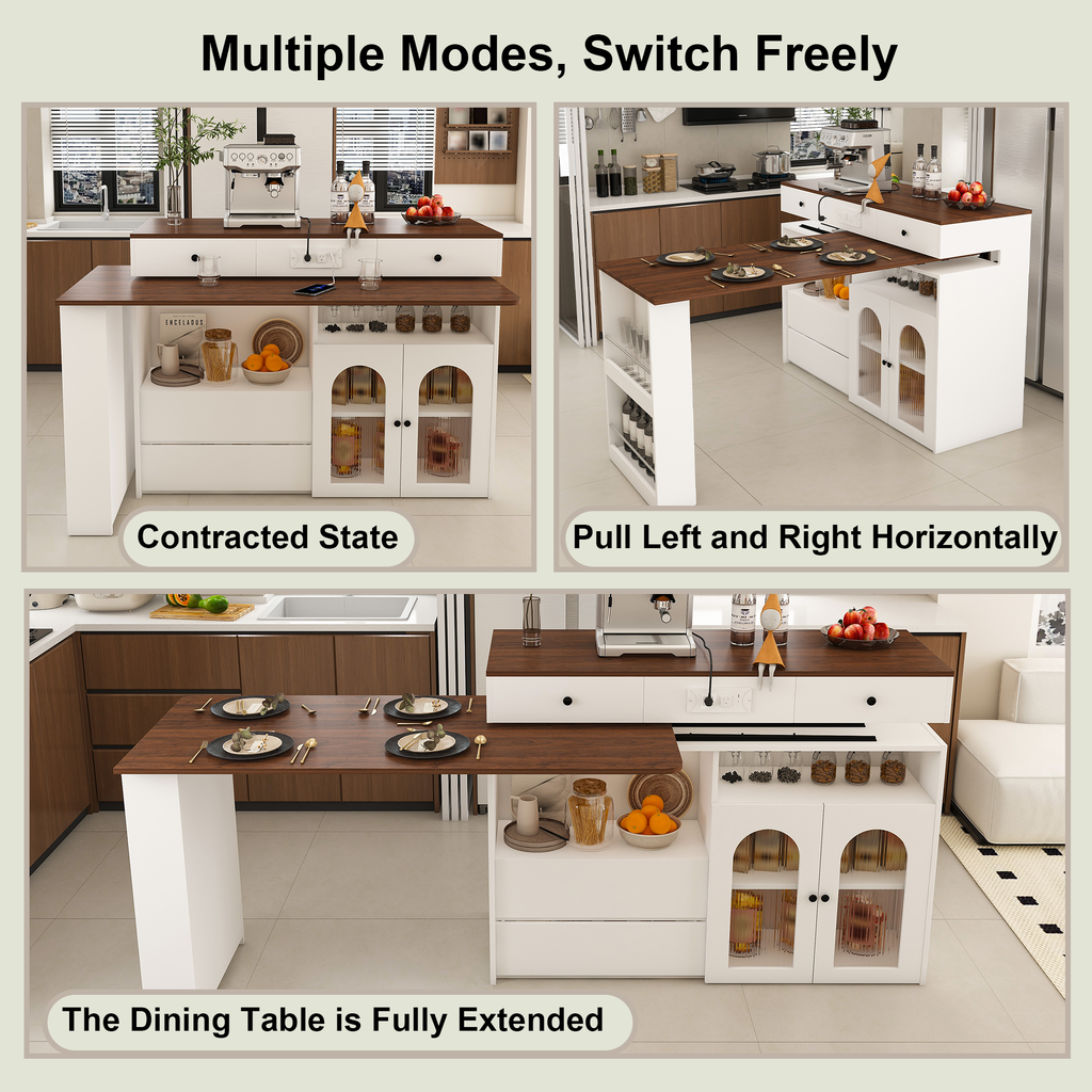 Kitchen Island with Extendable & Rotating Table, MDF with Walnut Veneer Retro Design, 4 Drawers & Glass Door Cabinets with Built-in Socket, Expandable Dining Station for 2-4 Person - Grand Goldman Shop