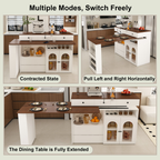 Kitchen Island with Extendable & Rotating Table, MDF with Walnut Veneer Retro Design, 4 Drawers & Glass Door Cabinets with Built-in Socket, Expandable Dining Station for 2-4 Person - Grand Goldman Shop