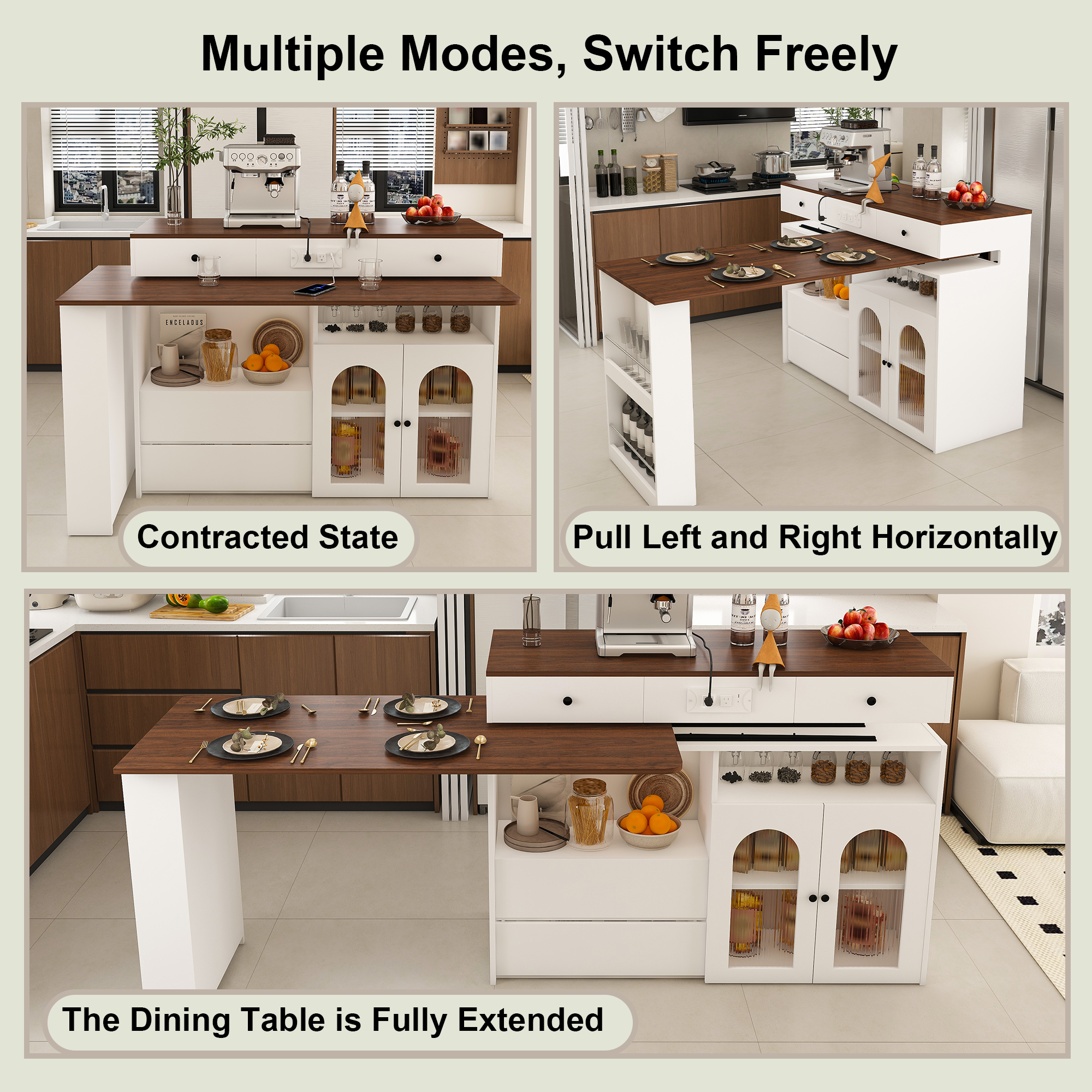 Kitchen Island with Extendable & Rotating Table, MDF with Walnut Veneer Retro Design, 4 Drawers & Glass Door Cabinets with Built-in Socket, Expandable Dining Station for 2-4 Person - Grand Goldman Shop