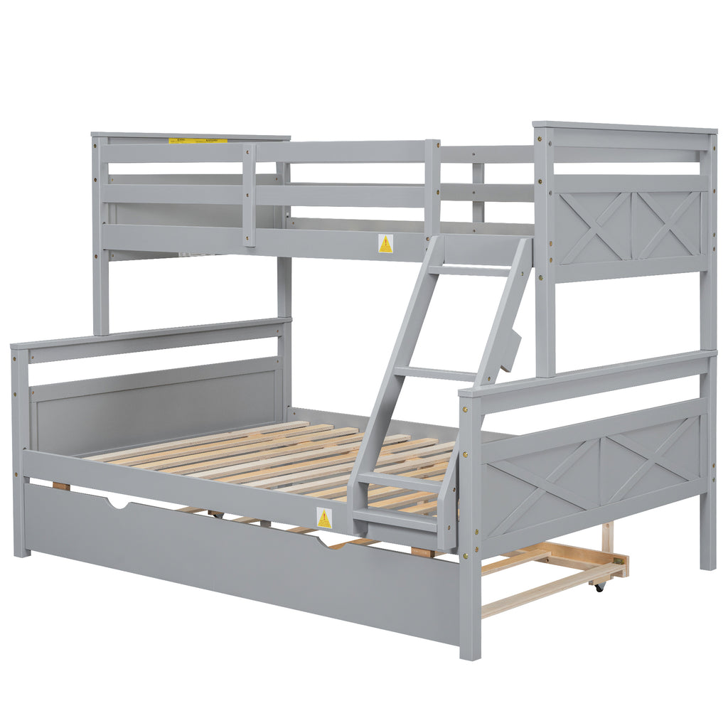 Gray Twin Over Full Bunk Bed with Ladder and Twin Trundle, Pine Wood Frame, 79.3''L x 57.1''W x 61.3''H - Grand Goldman Shop