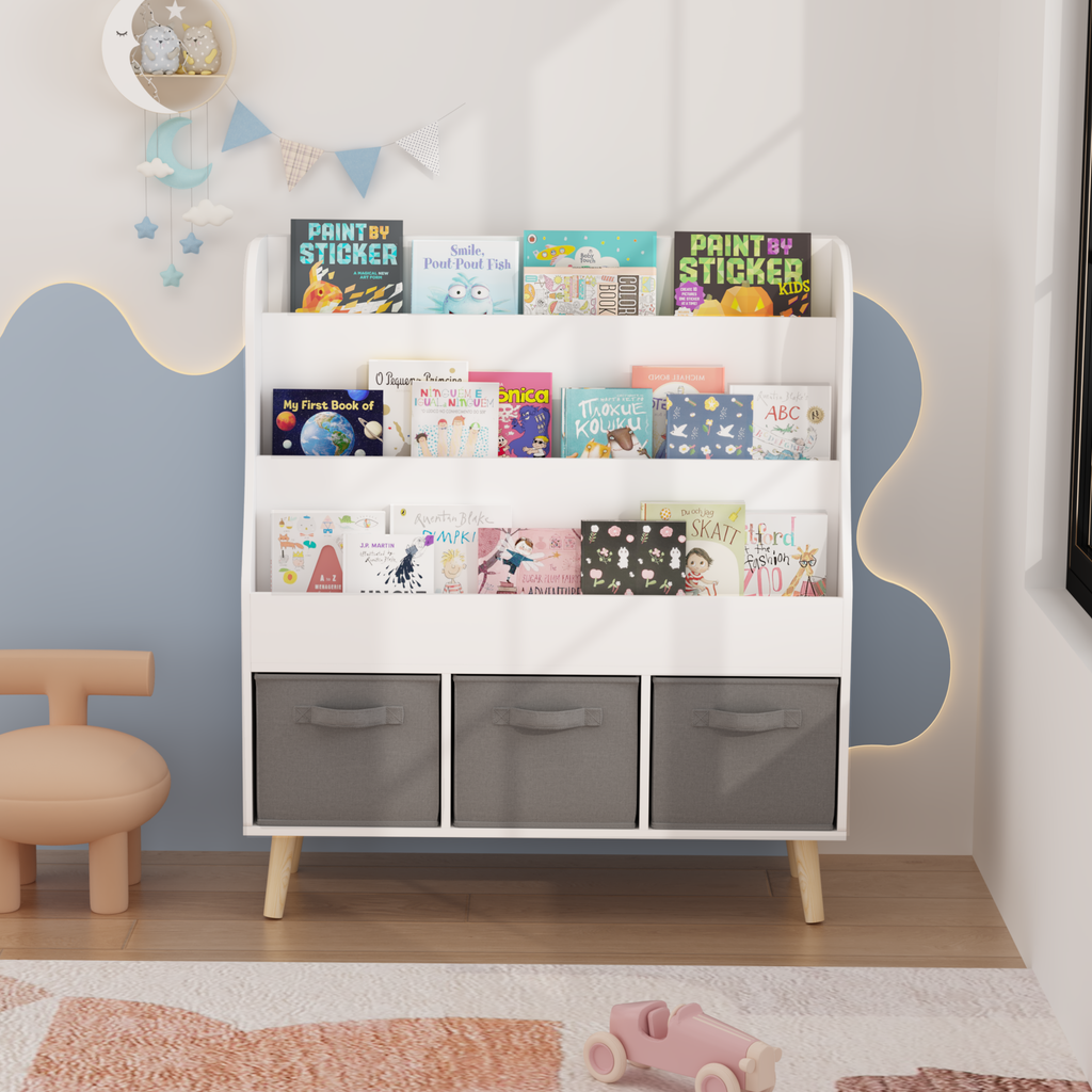 Kids Bookshelf with 3 Fabric Storage Bins, White Wooden Book Display Organizer for Toddlers and Children, Front-Facing Book R