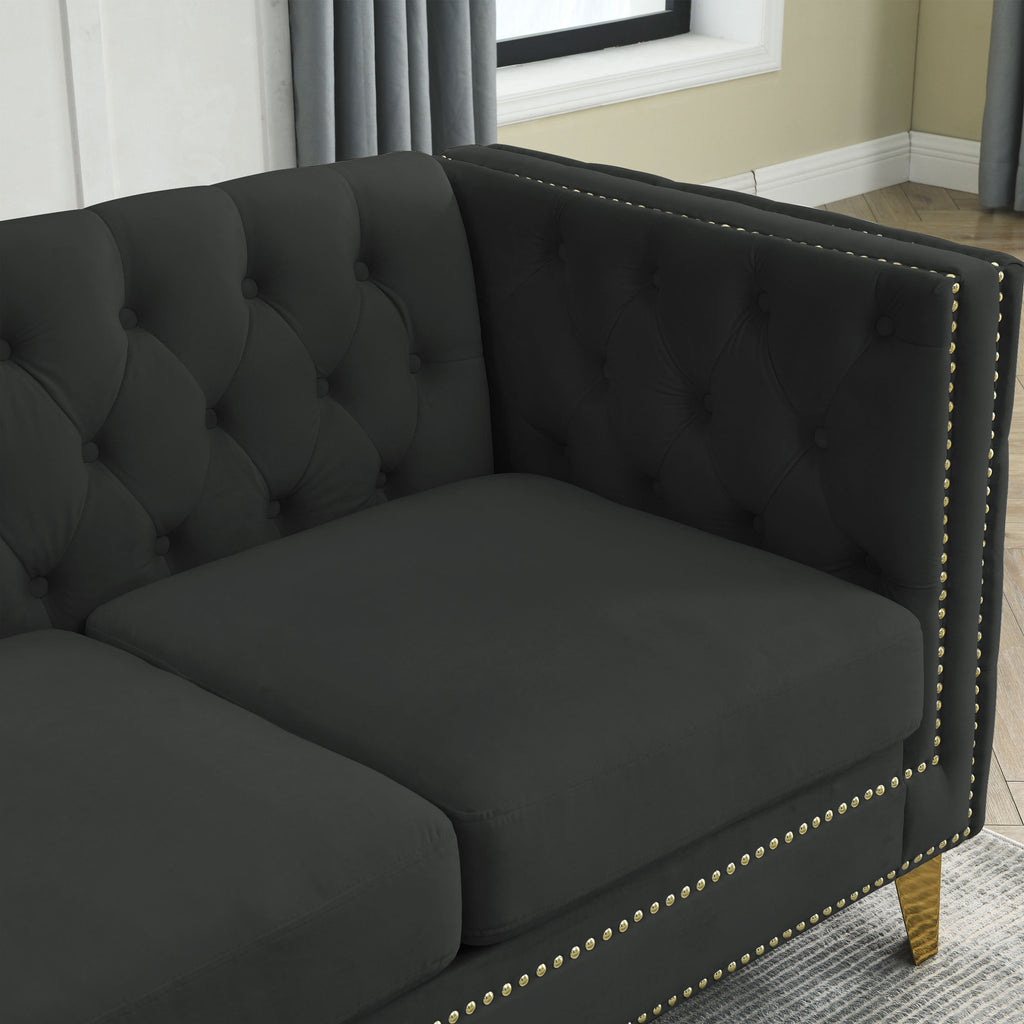 Modern Black Velvet Sofa with Button Tufting and Metal Legs, 3-Seater Couch for Living Room or Bedroom, Upholstered in Soft Velvet with Solid Wood Frame - Grand Goldman Shop