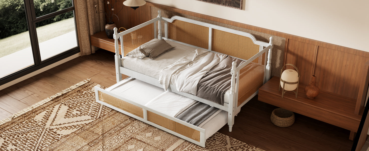 Traditional Style Rattan Twin Size Daybed with 2 Drawers, Antique White, Solid Pine Wood & MDF - Grand Goldman Shop