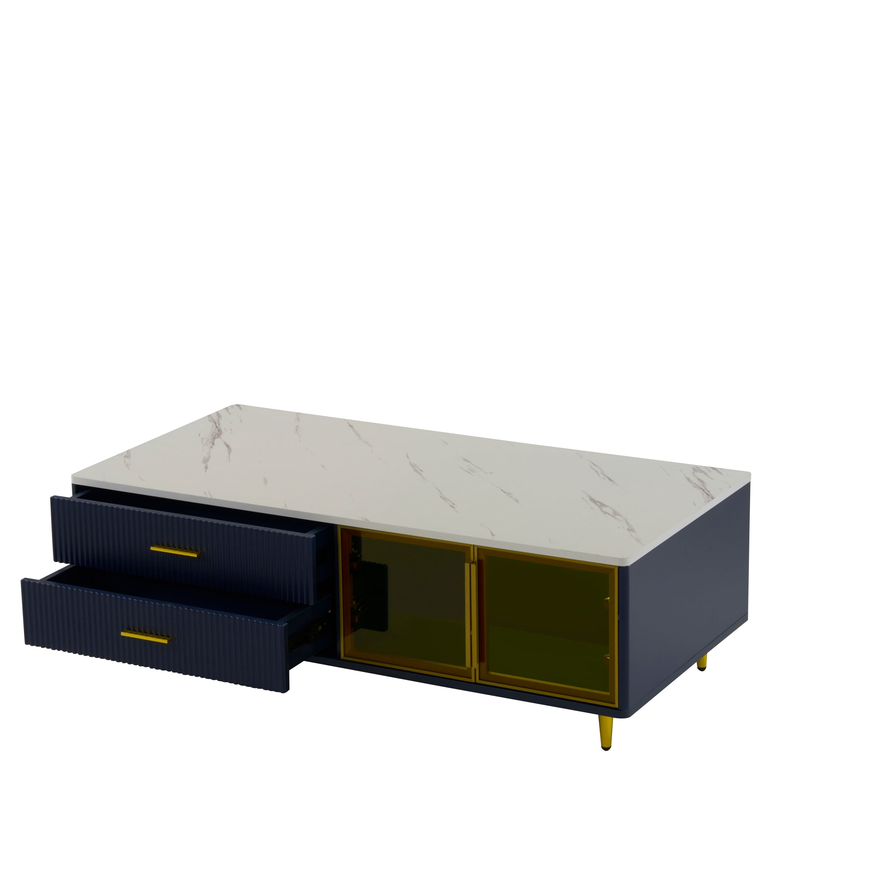 Modern Navy Blue Coffee Table with 2 Glass Door Storage, 4 Drawers, Gold Metal Legs, and Multi-Color Lighting in 47.2'' - Grand Goldman Shop