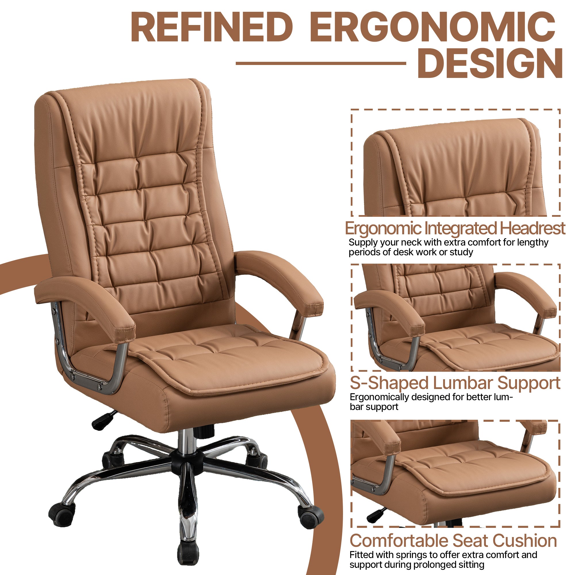 Executive Office Chair High Back PU Leather Desk Chair with Spring Seat Cushion, Ergonomic Swivel Computer Chair with Chrome 