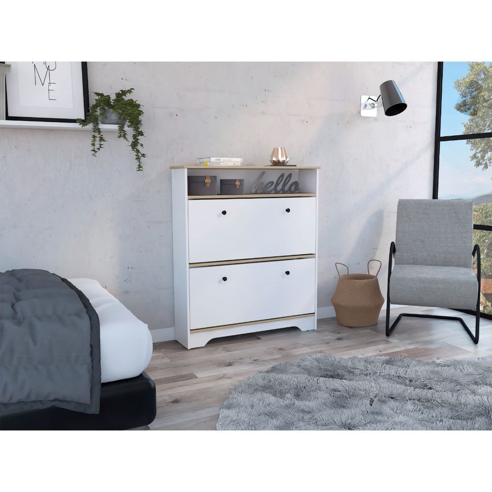Shoe Rack Dublin, One Open Shelf, Two Extendable Cabinets, Light Oak / White Finish - Grand Goldman Shop
