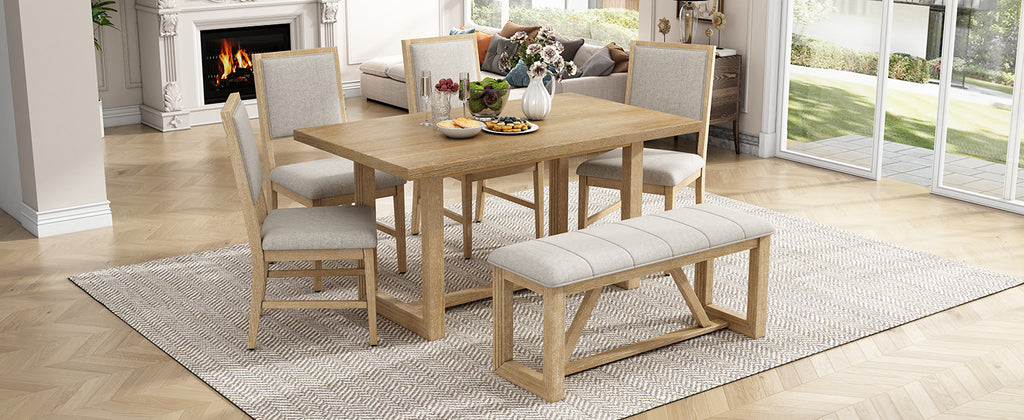 TREXM 6-Piece Retro Dining Table Set for 6, 60' Wood Kitchen Table and Chairs Set of 4 with Bench Designed Trestle Base for kitchen & Dining Room (Natural) - Grand Goldman Shop
