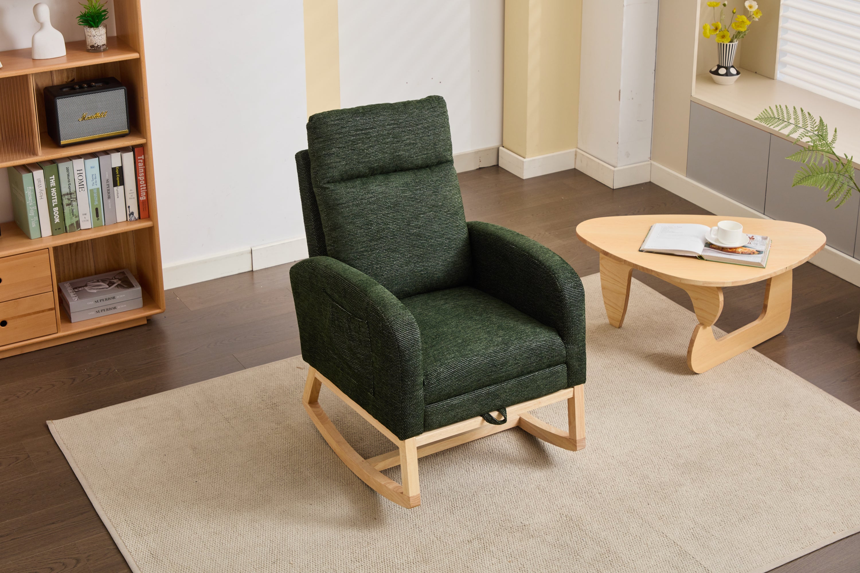 Modern Accent Rocking Chair Rocking Chair with Solid Wood Legs, Upholstered Nursery Glider Rocker, Comfy Armchair with Side Pocket, Living Room Lounge Arm Chair with High Backrest fabric - Grand Goldman Shop