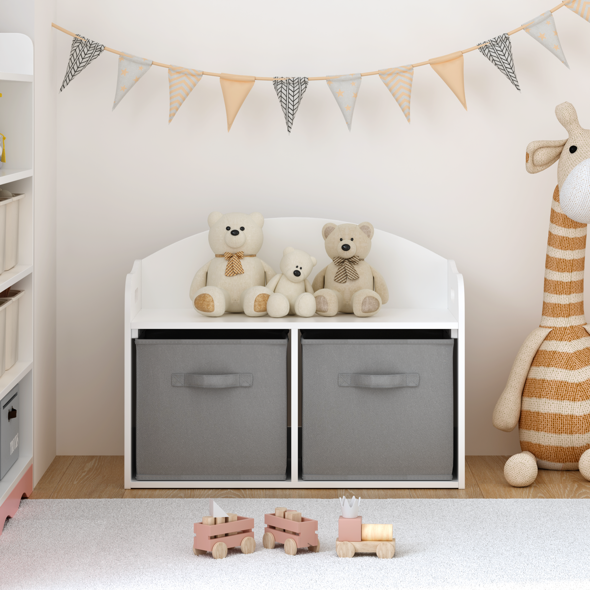 Kids Wooden Toy Box Bench with Collapsible Fabric Drawers, White MDF Storage Cabinet Organizer, 24.6 x 11.8 x 19.1 inches | P