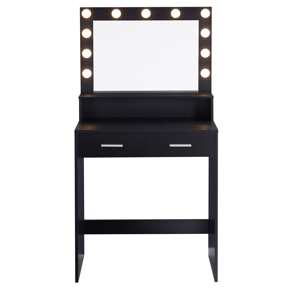 Vanity Desk with Mirror and Lights, Dressing Table with Large Drawer, 2 Level Storage Dresser & 3 Lighting Modes Adjustable Brightness, Suitable for Bedroom(Black) - Grand Goldman Shop
