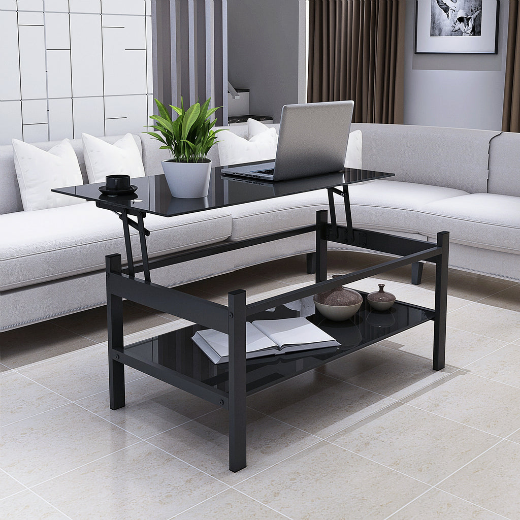 Modern Simple Lift Top Coffee Table with 2-Layer Tempered Glass in Black for Living Room - Grand Goldman Shop
