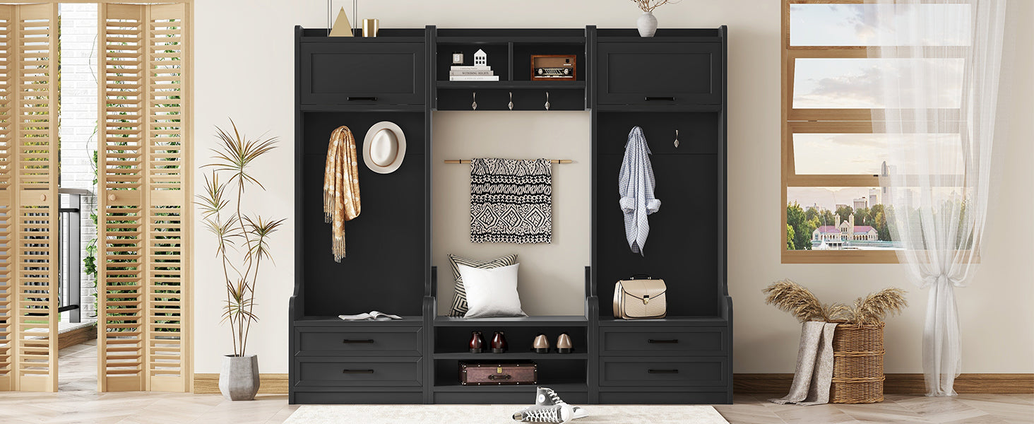 4-in-1 Detachable Hall Tree with Storage and 7 Hooks, Multiple Functions Hallway Coat Rack with Storage Drawers and Cabinet, Black Shoe Bench for Entryway Hallway - Grand Goldman Shop