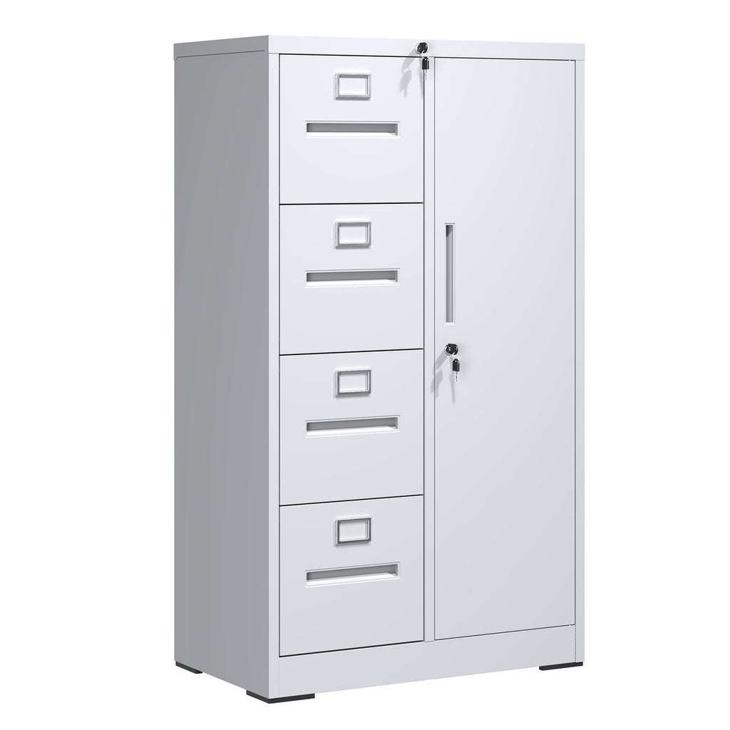 Metal Storage Vertical Filing Cabinet with Lock, 4 Drawers, 1 Door, White Steel Construction, School/Office Use - Grand Goldm