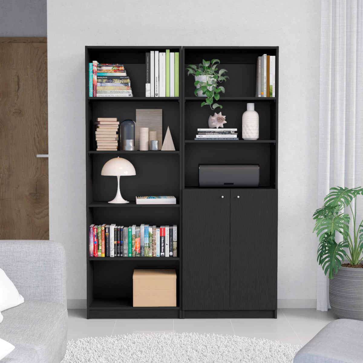 Layton 2 Piece Home Bookcase set, 49' Wide with 8 Shelves and Double Door Cabinet, Living Room Set Black | Premium Home Decor