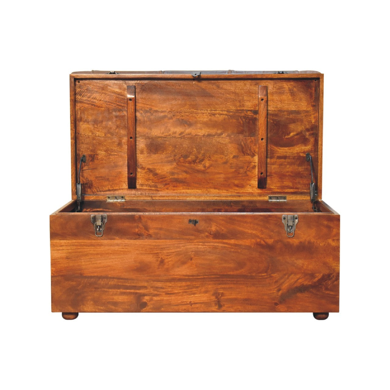 Solid Wood Buffalo Leather Upholstered Hide Chestnut Storage Trunk, Tan & Brown - Grand Goldman Shop