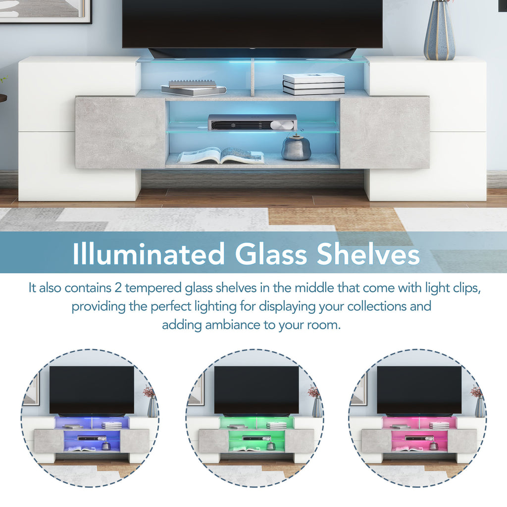 ON-TREND Unique Shape TV Stand with 2 Illuminated Glass Shelves, High Gloss Entertainment Center for TVs Up to 88', Versatile TV Cabinet with LED Color Changing Lights for Living Room, Grey - Grand Goldman Shop
