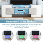 ON-TREND Unique Shape TV Stand with 2 Illuminated Glass Shelves, High Gloss Entertainment Center for TVs Up to 88', Versatile TV Cabinet with LED Color Changing Lights for Living Room, Grey - Grand Goldman Shop
