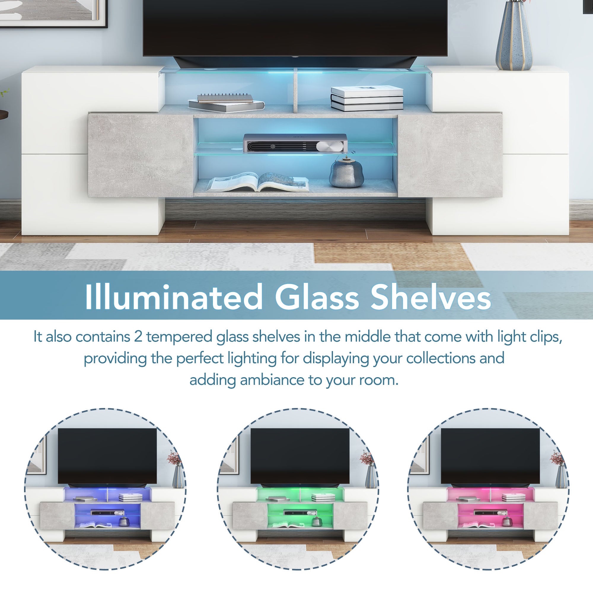 ON-TREND Unique Shape TV Stand with 2 Illuminated Glass Shelves, High Gloss Entertainment Center for TVs Up to 88', Versatile TV Cabinet with LED Color Changing Lights for Living Room, Grey - Grand Goldman Shop