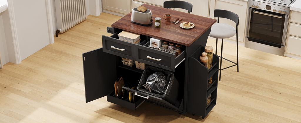 K&K 47.2' Farmhouse Kitchen Island with Drop Leaf, Kitchen Storage Island with Removable Side Racks, Two Drawers, Rolling Kitchen Cart on Wheels with Towel Rack, for Home, Kitchen, Dining Room, Black - Grand Goldman Shop
