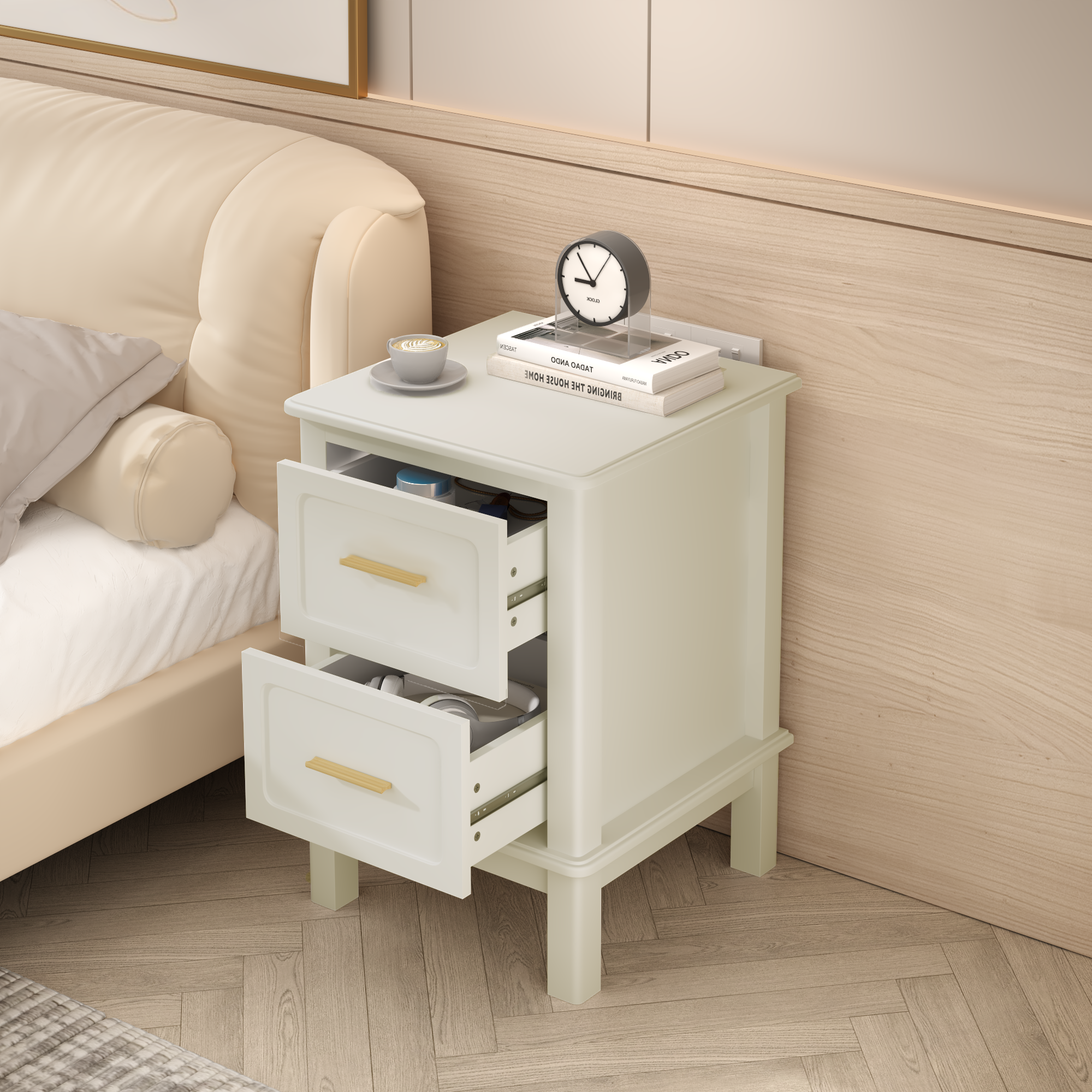 Modern  Nightstand with 2 Drawers, Bedroom Bedside Table with Gold Handles, Sturdy Wood Accent Table for Small Spaces, Living Room, Kids Room & Guest Room-Off White - Grand Goldman Shop