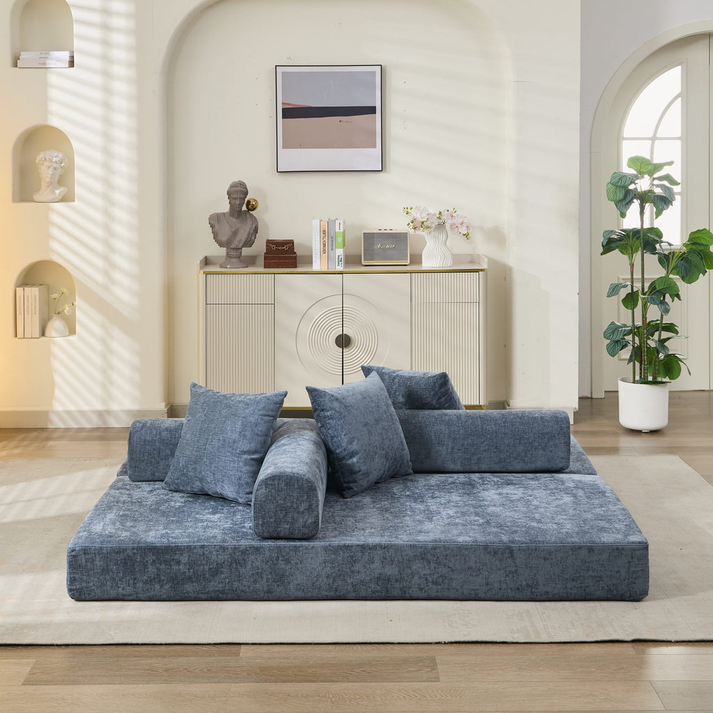 Comfy Convertible Folding Mattress Couch, Floor Sofa Bed, Chenille Floor Sofa with Armrest, Floor Sofa Lounge Couch for Living Room Bedroom Lounge Studio-Blue - Grand Goldman Shop