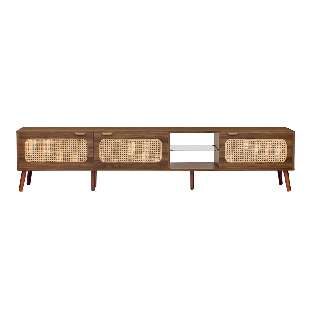 78' TV Stand for 75/80/85 inch TV with Walnut Finish, Ample Storage and Open Shelving in Solid Wood and Glass - Grand Goldman Shop