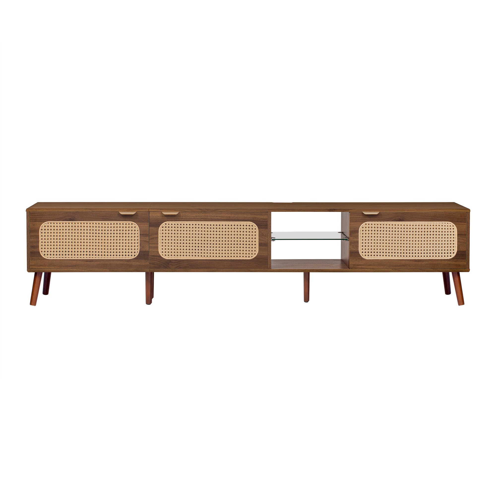 78' TV Stand for 75/80/85 inch TV with Walnut Finish, Ample Storage and Open Shelving in Solid Wood and Glass - Grand Goldman Shop