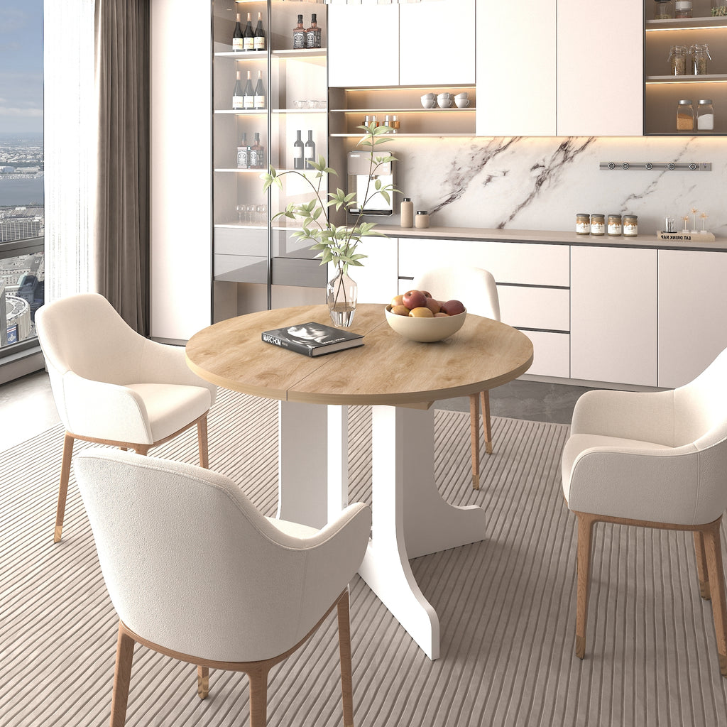 Dining Table for Farmhouse Kitchen 59x43 Inch Expandable Oval Table Top with Removable Leaf Trestle X Shaped Base White - Grand Goldman Shop