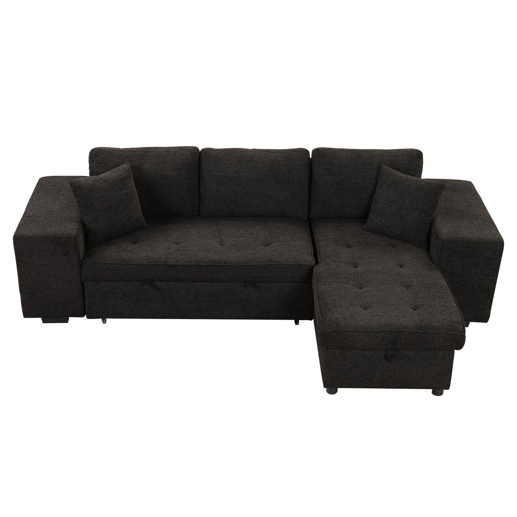 Modern L-Shape 3 Seat Reversible Sectional Couch with Pull Out Sleeper Sofa, Storage Chaise, 2 Stools, Charcoal Grey, Linen Chenille - Grand Goldman Shop