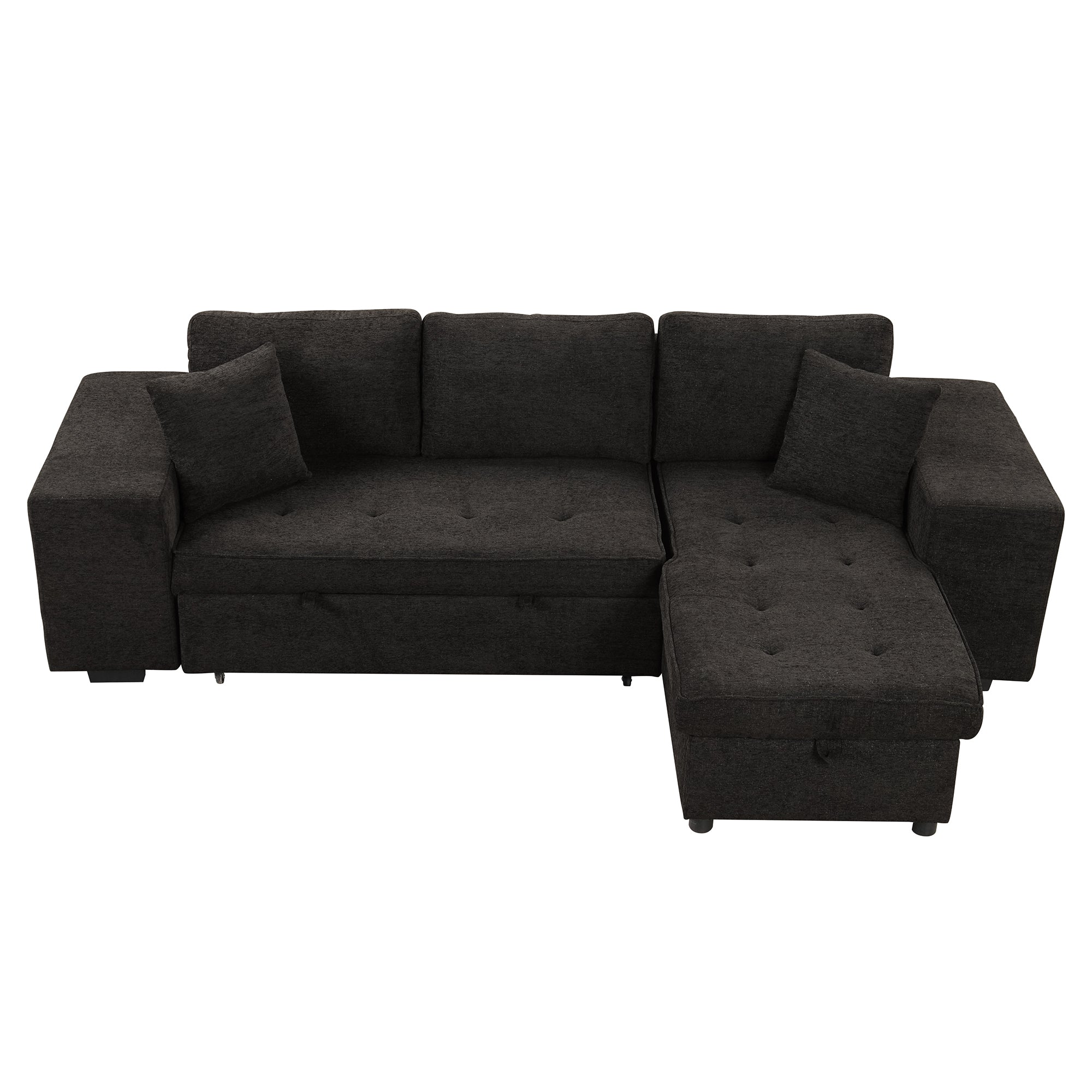 Modern L-Shape 3 Seat Reversible Sectional Couch with Pull Out Sleeper Sofa, Storage Chaise, 2 Stools, Charcoal Grey, Linen Chenille - Grand Goldman Shop
