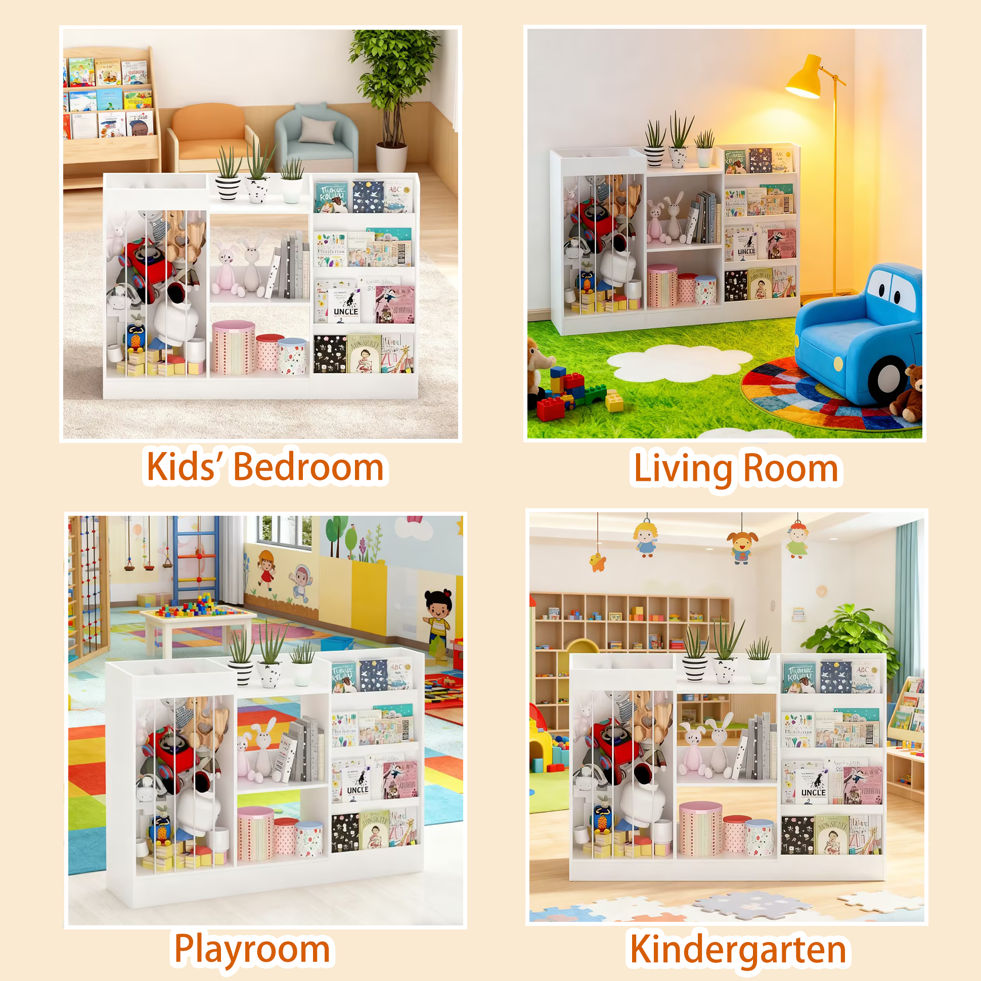 Stylish 3-in-1 Kids Bookshelf and Toy Storage, 4-Tier Book Shelf for Kids Rooms, Sling Baby Bookcase with Stuffed Animal Stor