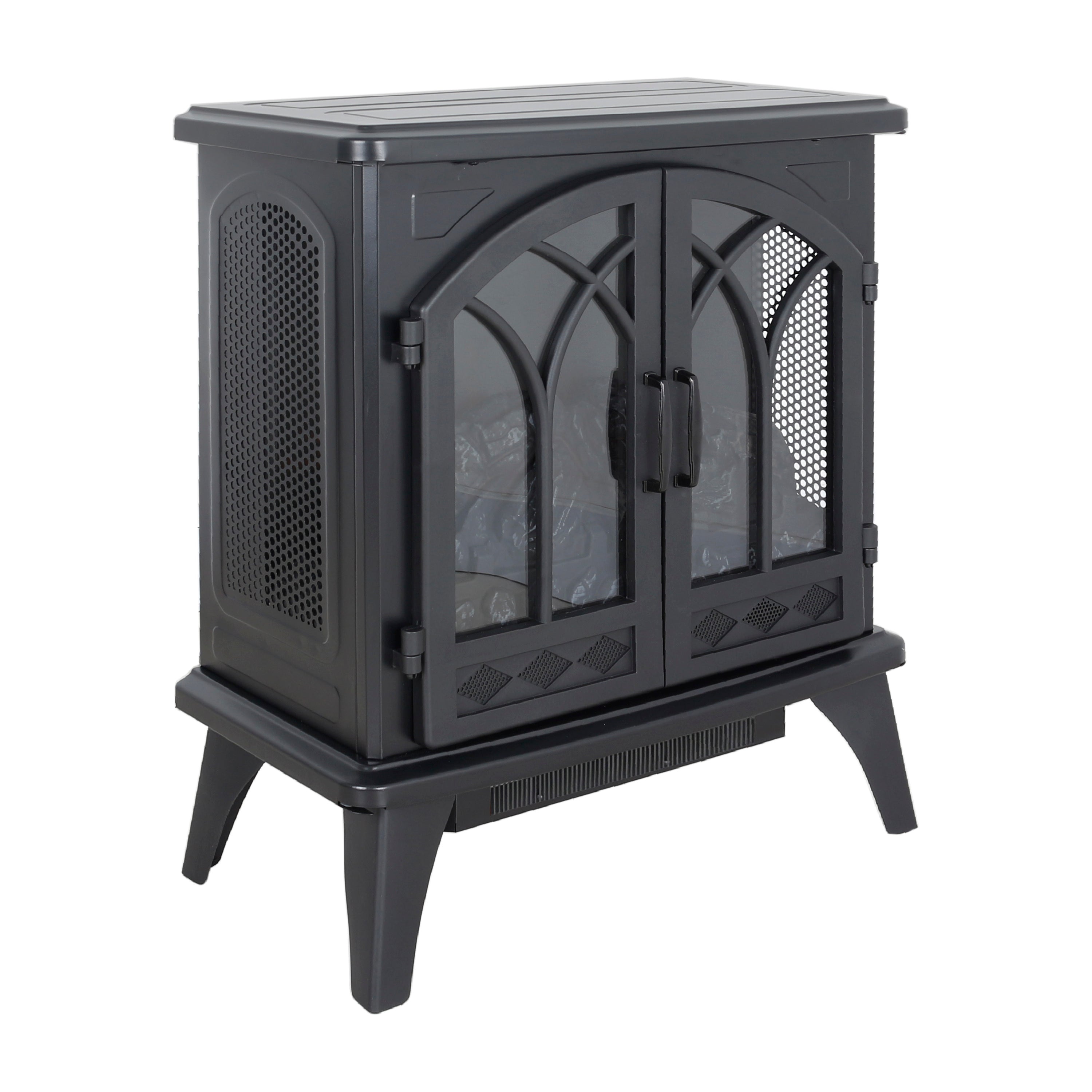 Classical 24-Inch 3D Flame Electric Infrared Quartz Fireplace Stove with Remote Control, Antique Black, Tempered Glass & Sheet Metal - Grand Goldman Shop