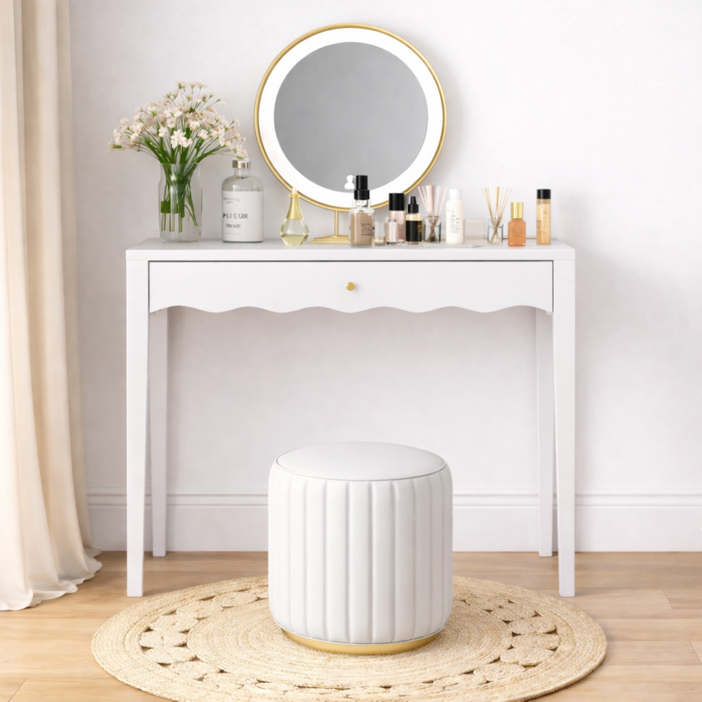 White 35.43' Vanity Desk with Drawer – Modern Makeup Table with Scalloped Front & Gold Knob, Compact Writing Desk with 4 Sturdy Legs for Bedroom, Small Home Office & Apartment Spaces - Grand Goldman Shop