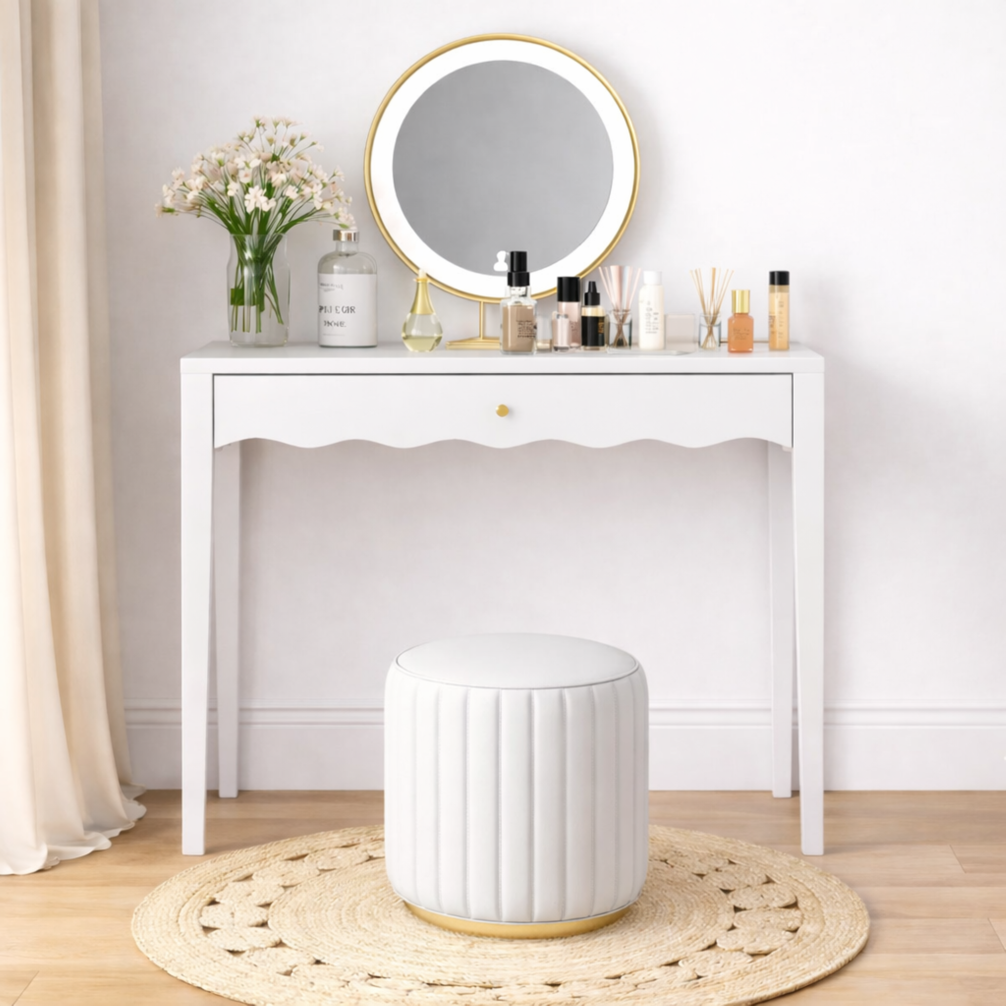 White 35.43' Vanity Desk with Drawer – Modern Makeup Table with Scalloped Front & Gold Knob, Compact Writing Desk with 4 Sturdy Legs for Bedroom, Small Home Office & Apartment Spaces - Grand Goldman Shop