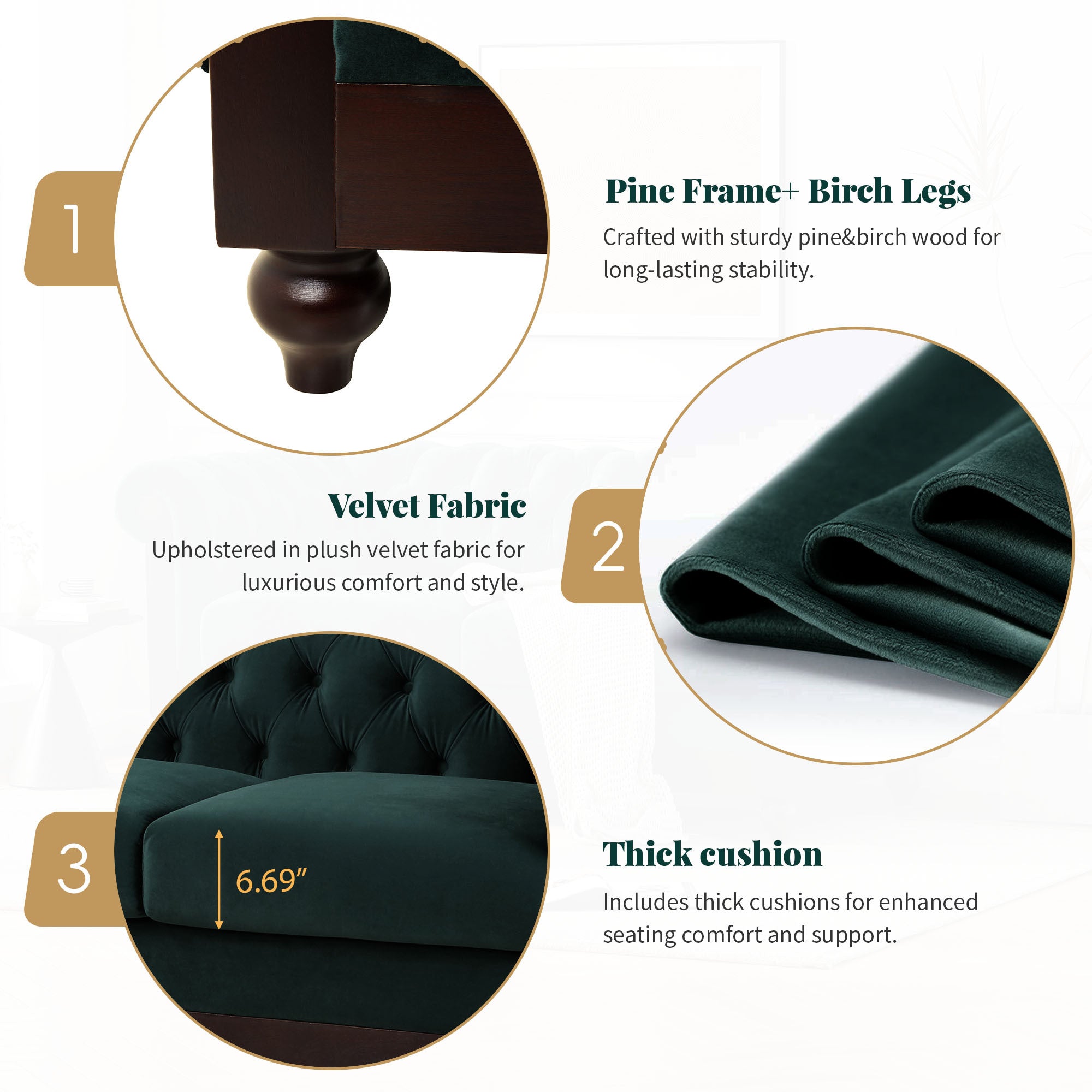 VIVALUX Chesterfield Velvet Loveseat Sofa 2-Person Rolled Arm Upholstered Couch Forest Green 59.44' - Grand Goldman Shop