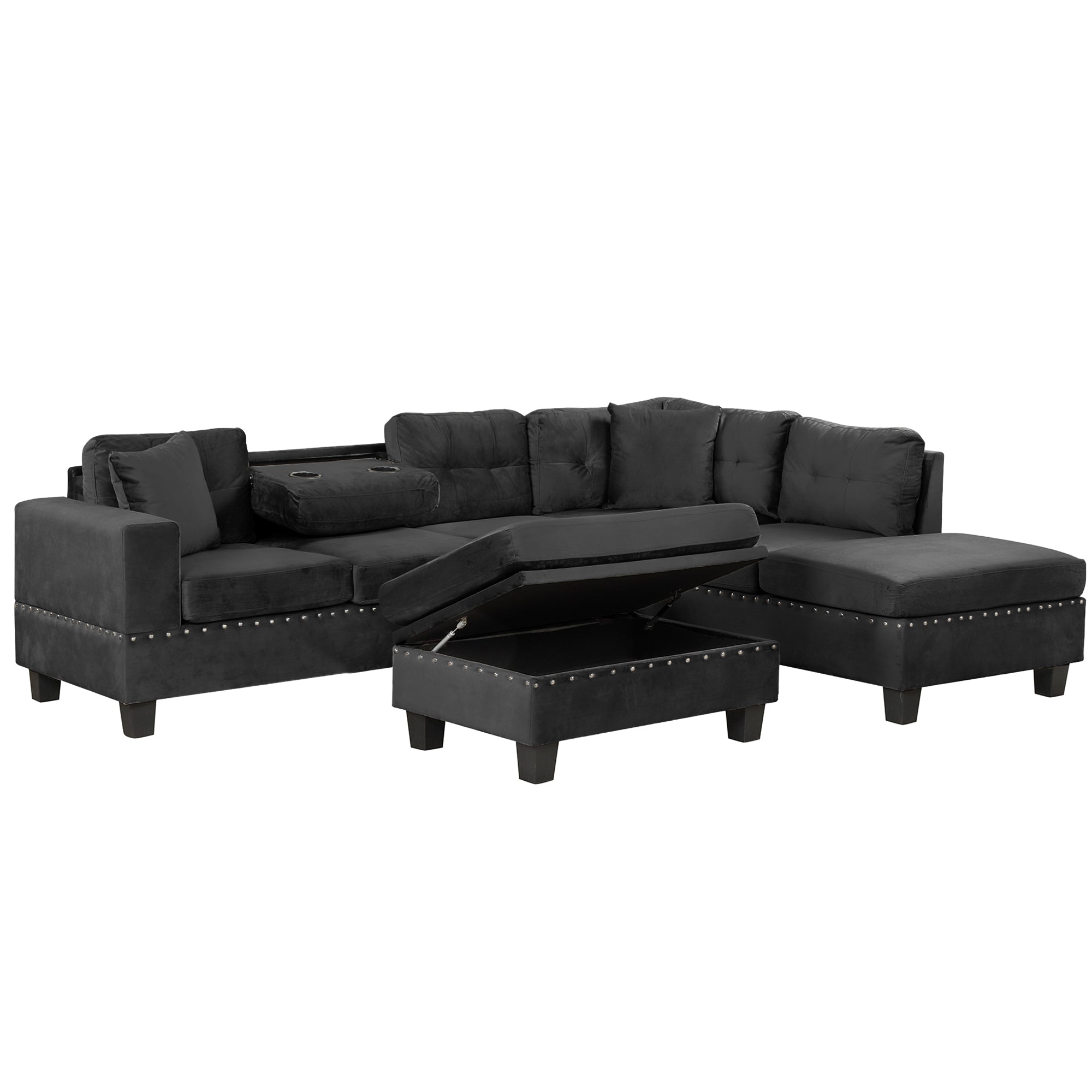 Modern Sectional Sofa with Storage Ottoman, L-Shape Couch with 2 Pillows and Cup Holders, Black Velvet, 105' - Grand Goldman Shop