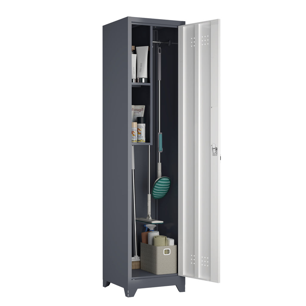 Metal Broom Storage Cabinet, 65' Narrow Slim Utility Cabinet with Hooks and Shelves, White Finish, Heavy-Duty Steel Construct